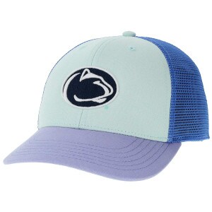 youth trucker hat with lilac brim, blue mesh back, and embroidered Penn State Athletic Logo